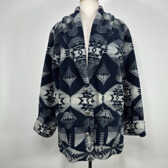 Lauren Ralph Lauren Jacket Women's L Blue Aztec Fleece Shawl Collar Western 90s - Picture 1 of 11